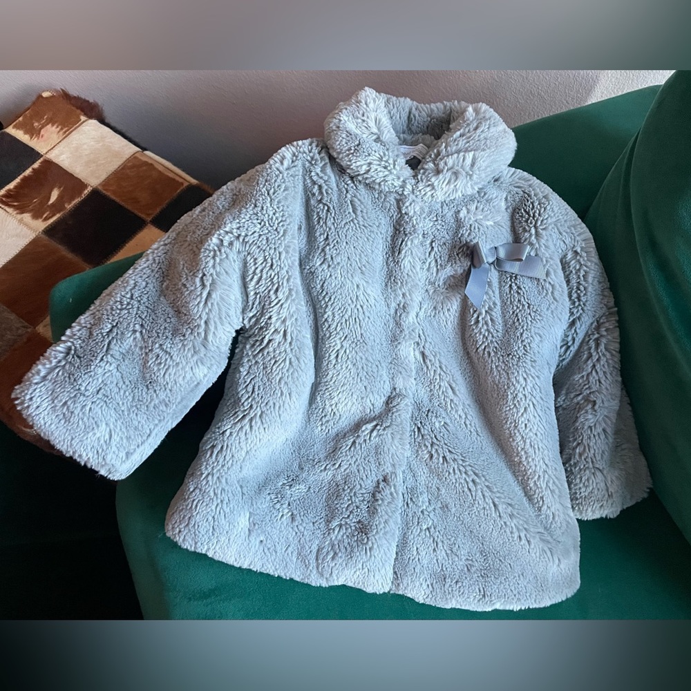 Tartine et Chocolat Light Blue Plush Faux-Fur Kids Coat with Bow